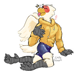anthro back_wings beak blep blue_bottomwear blue_clothing blue_shorts blush bottomwear clothed clothing emanata feathers fully_clothed heart_symbol hoodie kneeling male one_eye_closed pink_tongue red_blush shorts simple_background solo star_emanata tail tail_feathers tongue tongue_out topwear white_background white_body white_feathers wings wink yellow_beak yellow_clothing yellow_hoodie yellow_topwear capegloam martin_(martindosent) accipitriform avian bird secretary_bird 2024 clip_studio_paint_(artwork) colored_sketch digital_drawing_(artwork) digital_media_(artwork) hi_res shaded sketch