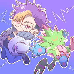 anthro blush chibi duo eyewear glasses green_body long_tongue male tongue digital_itachi7 bandai_namco digimon digimon_beatbreak tomoro_tenma digimon_(species) gekkomon human mammal scalie 1:1 hi_res