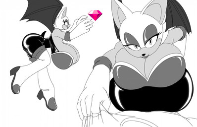 anthro big_breasts big_butt breasts butt cleavage clothed clothing female huge_breasts looking_at_viewer overweight solo thick_thighs tight_clothing wide_hips nikonthebored sega sonic_the_hedgehog_(series) rouge_the_bat bat mammal hi_res monochrome