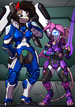 anthro armor duo energy_sword energy_weapon female inside melee_weapon size_difference smile sword weapon kitfox-crimson chau_(scpilot) psirat_(scpilot) ape haplorhine mammal murid murine primate rat rodent absurd_res hi_res