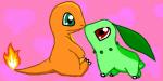 ambiguous_gender duo feral fire flaming_tail green_eyes heart_symbol nose_to_nose orange_body orange_skin pink_background red_eyes simple_background tail touching_noses eeveexriolu nintendo pokemon charmander chikorita generation_1_pokemon generation_2_pokemon pokemon_(species)