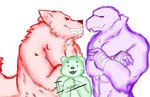 anthro bodily_fluids crossed_arms fangs glaring_at_another grin group larger_male male male/male muscular narrowed_eyes nervous_smile simple_background size_difference smaller_male smile sweat teeth trio icerary touhou wily_beast_and_weakest_creature eagle_spirit_(touhou) otter_spirit_(touhou) wolf_spirit_(touhou) accipitrid accipitriform avian bird canid canine canis eagle mammal mustelid otter spirit wolf hi_res