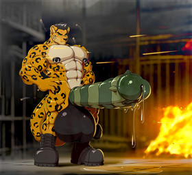 ammunition anthro balls big_balls big_penis bodily_fluids boots bullet clothing damage fire footwear genital_fluids genitals glans huge_balls huge_penis humanoid_genitalia humanoid_penis hybrid_genitalia hybrid_penis hyper hyper_balls hyper_genitalia hyper_penis male muscular nipple_piercing nipples nude penis piercing precum prison ribbed_cock ribbed_penis shoes solo spiked_penis spikes spikes_(anatomy) tail goldeneyeuro tridark kai_tak_(goldeneyeuro) felid jaguar mammal pantherine 2026