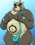 anthro belly big_belly bikini blush bodily_fluids brown_body clothing humanoid_hands kemono male mankini moobs navel one-piece_swimsuit overweight overweight_male sling_bikini solo sweat swimwear two-piece_swimsuit exe_exem lifewonders live_a_hero shoen canid canine mammal raccoon_dog tanuki 2022 digital_media_(artwork)