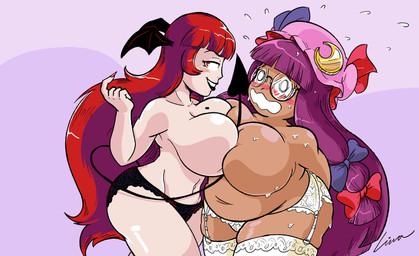 big_breasts black_clothing black_lipstick black_panties black_tail black_underwear black_wings blush blush_lines bodily_fluids breast_squish breasts clothed clothing colored_nails dark_body dark_skin duo eyelashes eyewear female front_view glasses hair head_wings headgear headwear huge_breasts lingerie lipstick long_hair looking_at_viewer makeup markings mole_(marking) mole_on_breast mostly_nude nails navel panties panties_only pink_clothing pink_headwear purple_background purple_hair red_eyes red_hair red_nails round_glasses simple_background spade_tail squish sweat tail tan_body tan_skin thick_thighs topless underwear underwear_only unusual_wing_placement white_clothing white_lingerie white_panties white_underwear wide_hips wings linaciari touhou koakuma patchouli_knowledge human humanoid mammal tailed_humanoid hi_res