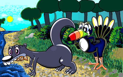 anthro beak duo female feral looking_at_another's_butt male raised_tail river smile sun tail tropical what seppuku_(artist) brandy_and_mr._whiskers disney ed_(brandy_and_mr._whiskers) aquatic avian bird fish mammal mustelid otter piciform toucan hi_res