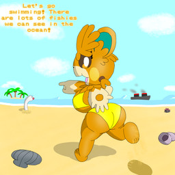 ambiguous_gender anthro beach big_breasts big_butt bikini breasts brown_eyes butt clothing cloud dialogue female feral footprint gesture hand_gesture happy huge_breasts inviting_viewer island looking_at_viewer pink_nose pointing pokemorph sand sea seashell shell ship shortstack small_nose swimwear talking_to_viewer text thick_thighs two-piece_swimsuit vehicle water watercraft white_body wide_hips monterrioashmore nintendo pokemon fan_character tangerie_the_pawmot generation_7_pokemon generation_9_pokemon pawmot pokemon_(species) pyukumuku wiglett absurd_res english_text hi_res