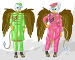 beak biped bottomwear brown_wings clothing costume duo elegant feathered_wings feathers female green_clothing male pants pink_clothing simple_background standing tail tail_tuft tuft uniform white_background white_body white_feathers wings devanstar mythology chrono_bluewing corona_bluewing avian gryphon mythological_avian mythological_creature 2022 5:4 absurd_res digital_drawing_(artwork) digital_media_(artwork) full-length_portrait hi_res portrait brother_(lore) brother_and_sister_(lore) sibling_(lore) sister_(lore) twins_(lore)