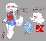 anthro bottomwear clothing collar female fur glowing glowing_nose light_bulb logo orange_eyes pawpads paws pencil_skirt skirt smile solo text topwear vest white_body white_fur blasticussaturn kmart canid canine canis domestic_dog mammal absurd_res hi_res meme