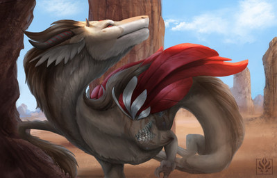 2_horns 4_fingers ambiguous_gender black_lips brown_body brown_fur brown_horn butte claws countershade_face countershading curved_horn desert detailed_background digitigrade feathers feral finger_claws fingers flying front_view fur horn lips logo looking_up mane mouth_closed quadruped realistic red_body red_eyes red_feathers scales serpentine smooth_horn snout solo tail tail_tuft tan_body tan_countershading tan_fur tapering_tail text tuft jadedragoness mythology nina_(bgsuzu) dragon eastern_dragon furred_dragon furred_scalie mythological_creature mythological_scalie scalie wingless_dragon 2019 artist_logo artist_name detailed digital_media_(artwork) digital_painting_(artwork) full-length_portrait painting_(artwork) portrait shaded