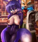 2021 alcohol anthro beverage big_breasts blue_body blue_fur breasts canid canine canon_couple duo english_text female fox fox_mccloud fur hi_res krystal_(star_fox) mammal nintendo nipples star_fox text url v-tal