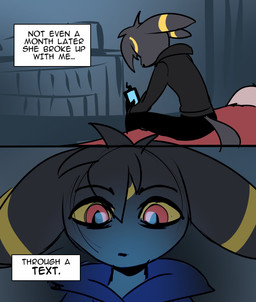 2_panel_comic anthro bed bedroom black_body black_bottomwear black_clothing black_fur black_hoodie black_nose black_pants black_text black_topwear bottomwear cellphone clothed clothing ears_down electronics fur furniture grey_background hair holding_cellphone holding_object holding_phone hoodie inside looking_at_cellphone looking_at_object looking_at_phone male on_bed pants phone pivoted_ears pokemorph red_eyes sad simple_background sitting sitting_on_bed solo tail text text_box topwear yellow_body yellow_fur yellow_sclera odeko-yma nintendo pokemon lucky_(odeko-yma) eeveelution generation_2_pokemon pokemon_(species) umbreon 2026 comic english_text hi_res