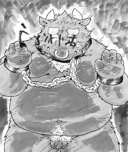 anthro balls belly bodily_fluids bound chain chained crying flaccid foreskin genitals humanoid_genitalia humanoid_hands humanoid_penis kemono male moobs navel overweight overweight_anthro overweight_male partially_retracted_foreskin penis pubes small_penis solo tears text suishou0602 bovid bovine cattle mammal 2021 hi_res japanese_text monochrome