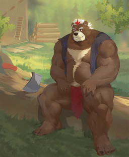anthro axe belly black_nose bottomwear brown_body clothing detailed_background humanoid_hands kemono loincloth lumberjack male melee_weapon musclegut muscular outside overweight overweight_male sitting solo weapon qigiu bear mammal 2021 absurd_res hi_res