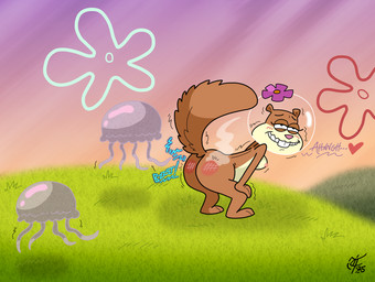 anthro breasts brown_body brown_fur butt electrocution female flower_cloud_(spongebob) fur heart_symbol nipples nude outside text unclescooter nickelodeon spongebob_squarepants sandy_cheeks aquatic cnidarian jellyfish mammal medusozoan rodent sciurid tree_squirrel