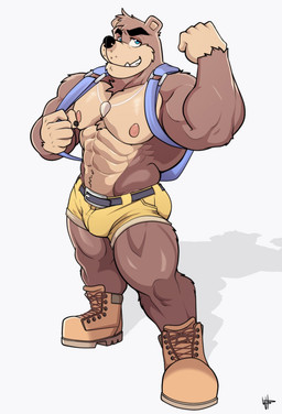 abs backpack bottomwear clothed clothing male shorts simple_background solo topless white_background wolfybuns banjo-kazooie rareware banjo_(banjo-kazooie) bear mammal hi_res