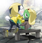 anthro blush clothing duo hat headgear headwear jacket kissing male male/male topwear unknown_artist sgt._frog keroro tamama amphibian keronian low_res