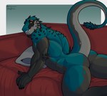 anthro butt furniture lying male multicolored_body muscular muscular_male piercing pillow scales simple_background smile smirk sofa solo spikes tail yellow_sclera ajdrawsnice appuruu ambroix_(character) lizard reptile scalie hi_res