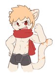 anthro biceps big_bulge bulge flexing hair kemono male muscular muscular_young open_mouth open_smile red_eyes red_scarf scarf simple_background smile solo tail white_background young young_anthro oob domestic_cat felid feline felis mammal 2015 digital_drawing_(artwork) digital_media_(artwork) portrait three-quarter_portrait