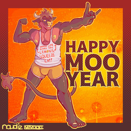 5_toes anthro armpit_hair bodily_fluids body_hair bottomwear bulge clothed clothing devil_horns_(gesture) feet flexing gesture hand_gesture holidays horn ineffective_clothing looking_at_viewer male nipple_slip nipples one_eye_closed pecs plantigrade revealing_shirt revealing_tank_top shirt shorts skimpy solo sweat tail tail_tuft tank_top text toes topwear tuft wink naudiz_(artist) new_year kabob_(dragonkabob) bovid bovine cattle mammal 1:1 absurd_res english_text hi_res