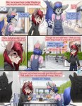 anthro blue_eyes blue_hair blush brown_body brown_fur canid canine comic deer dialogue duo english_text fet fetimation food fur green_eyes grey_body grey_fur hair hi_res male male/male mammal pizza red_hair rumbling_stomach text