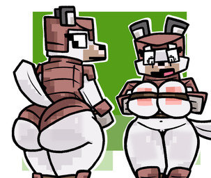 anthro areola armor big_breasts big_butt biped black_nose breasts butt duo eyelashes female fur genitals looking_back navel tail vulva white_body white_fur lewdewott microsoft minecraft mojang xbox_game_studios canid canine canis mammal pale_wolf_(minecraft) wolf wolf_(minecraft) hi_res