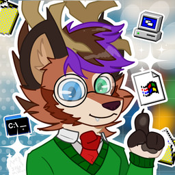accessory anthro blue_eyes clothing computer electronics eyewear fur glasses green_eyes heterochromia male necktie smile solo sweater technology topwear nyale0102 canid canine cervine deer hybrid mammal absurd_res digital_media_(artwork) hi_res