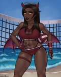 4:5 absurd_res ball beach big_breasts bikini breasts cleavage clothed clothing demon demon_humanoid female halo hand_on_hip hi_res humanoid not_furry seaside shadowboxer solo swimwear volleyball_(ball)