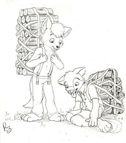 anthro barefoot bottomwear clothed clothing duo exhausted feet grass kneeling logo male male_anthro open_mouth pants plant shirt simple_background standing tail tongue tongue_out topless topwear wood young young_anthro young_male pandapaco canid canine mammal 2012 artist_logo monochrome signature