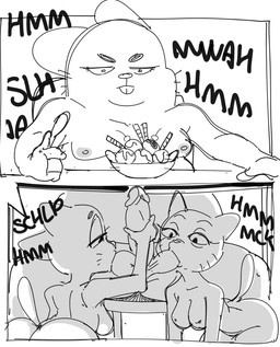 all_fours annoyed anthro anthro_on_anthro areola ball_suck balls bent_arm big_butt big_ears big_eyes big_head big_penis breasts butt chair collaborative collaborative_ball_suck collaborative_fellatio collaborative_oral collaborative_sex cutlery dessert distracted distracted_sex elderly_anthro elderly_female erection extended_arms eyebrows eyelashes fellatio female food furniture genitals group group_sex hand_on_table handjob holding_object holding_spoon holding_tool holding_utensil husband husband_and_wife ice_cream kitchen_utensils looking_at_food looking_at_genitalia looking_at_object looking_at_penis looking_down male male/female markings married_couple mature_anthro mature_female mature_male medium_breasts moobs mother-in-law mother-in-law_and_son-in-law narrowed_eyes nude on_chair onomatopoeia oral penile penis pointy_ears prick_ears round_head sex shadow sitting sitting_on_chair slightly_chubby slightly_chubby_anthro slightly_chubby_male son-in-law sound_effects spoon spread_legs spreading sucking table text thick_eyebrows threesome tools under_table whisker_markings wife dbaru cartoon_network pondering_my_orb the_amazing_world_of_gumball mary_senicourt nicole_watterson richard_watterson domestic_cat felid feline felis lagomorph leporid mammal rabbit 2022 digital_drawing_(artwork) digital_media_(artwork) english_text hi_res meme monochrome sketch daughter_(lore) indirect_incest_(lore) mother_(lore) mother_and_child_(lore) mother_and_daughter_(lore) parent_(lore) parent_and_child_(lore) parent_and_daughter_(lore) pseudo_incest_(lore)