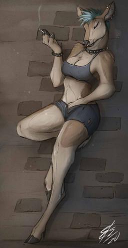 alternative_fashion anthro blue_hair bottomwear bra bracelet breasts brown_body brown_fur cigarette cleavage clothed clothing cloven_hooves collar denim denim_bottomwear denim_clothing denim_shorts ear_piercing facial_piercing female fur hair half-closed_eyes hand_in_pants hooves hotpants industrial_piercing jewelry leaning_on_wall mohawk narrowed_eyes nipple_outline nose_piercing nose_ring piercing punk ring_piercing septum_piercing shorts smoke smoking solo spiked_bracelet spiked_collar spikes standing underwear lizet deer mammal hi_res