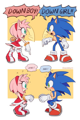 before_and_after blue_body blush breasts clothing command crouching dialogue dress duo female footwear gloves green_eyes handwear male pink_body red_clothing red_dress red_hairband shoes standing tail text white_clothing white_gloves white_handwear kiikoi11 sega sonic_the_hedgehog_(series) amy_rose sonic_the_hedgehog eulipotyphlan hedgehog mammal 2025 english_text hi_res