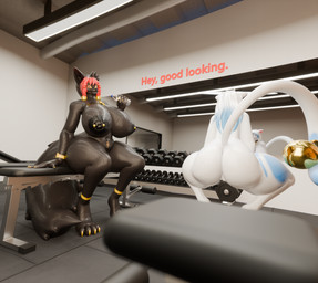 ankh anthro areola barbell_piercing bell bench bench_press big_breasts big_butt black_body bodily_fluids bottle braided_hair breasts butt container duo exercise eyelashes female gym hair huge_breasts inside lifting_weight long_eyelashes looking_at_viewer mirror nipple_dip nipple_piercing nipples nude piercing pink_hair sitting smile sweat sweaty_body thick_thighs water_bottle weightlifting white_body white_hair wide_hips workout fluffyglitch fluffyglitch_(modeler) fluffy_(fluffyglitch) hoki_(joseluisgm) canid canine canis domestic_cat felid feline felis jackal mammal 3d_(artwork) blender_(artwork) digital_media_(artwork) hi_res