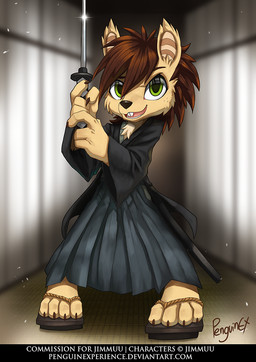 anthro biped black_clothing brown_hair clothed clothing footwear front_view fur glistening glistening_eyes green_eyes grey_clothing hair holding_melee_weapon holding_object holding_sword holding_weapon looking_at_viewer male melee_weapon messy_hair open_mouth open_smile sandals shoes smile solo standing sword tan_body tan_fur text weapon penguinexperience jimmu mammal rodent english_text full-length_portrait portrait signature