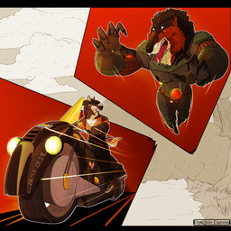 anthro armor black_body black_clothing black_fur black_overalls brown_body brown_fur chasing chasing_vehicle clothing cowboy_hat detailed_background duo fur hat headgear headwear heart_(marking) industrial jumping lgbt_pride lore male markings motorcycle orange_body orange_fur overalls pride_color_sticker pride_colors rainbow_pride_colors red_body red_fur six-stripe_rainbow_pride_colors stickers_on_object tan_body tan_fur text vehicle depictionexpress akin_(depictionexpress) mechasarchus_(depictionexpress) andrewsarchus canid canine mammal maned_wolf prehistoric_species 1:1 english_text hi_res