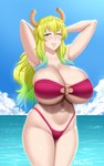 big_breasts bikini breasts bulging_breasts cleavage cleavage_overflow clothed clothing female green_hair hair horn huge_breasts one_eye_closed sea sky solo swimwear two-piece_swimsuit water twrlare miss_kobayashi's_dragon_maid mythology quetzalcoatl_(dragon_maid) animal_humanoid dragon dragon_humanoid humanoid mythological_creature mythological_scalie scalie 2022 hi_res