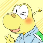 anthro bandage bandage_on_face bandage_on_nose blush clothing gesture hand_gesture hoodie male one_eye_closed smile solo topwear v_sign wink yellow_body tukiguma761 mario_bros nintendo paper_mario paper_mario:_the_thousand_year_door koops koopa koopa_troopa reptile scalie turtle 1:1 low_res