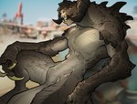 ambiguous_anthro ambiguous_gender anthro blurred_background claws glowing glowing_eyes horn lying muscular muscular_anthro nude open_mouth outside relaxing solo spikes spikes_(anatomy) tail ket-dawnatsunset fallout microsoft deathclaw scalie 2024 hi_res