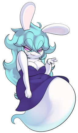 4_fingers anthro bangs blue_clothing blue_dress blue_hair breasts cleavage clothed clothed_anthro clothed_female clothing dress eye_through_hair eyebrow_through_hair eyebrows eyelashes eyelashes_through_hair fangs female female_anthro fingers hair half-closed_eyes legless light long_ears long_hair medium_breasts narrowed_eyes navel_outline noseless open_mouth open_smile pupils purple_eyelids purple_eyes simple_background smile solo tan_inner_ear teeth translucent translucent_hair white_background white_pupils princecoffeecakes mario_plus_rabbids_sparks_of_hope raving_rabbids rayman_(series) ubisoft midnite_(mario_plus_rabbids) ghost hybrid lagomorph mammal rabbid spirit 2022 colored digital_drawing_(artwork) digital_media_(artwork) english_description hi_res lighting shaded