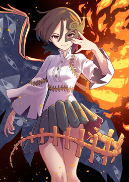 bone bone_wings bottomwear brown_hair clothing female fire flaming_wings grey_bottomwear grey_clothing grey_skirt hair long_sleeves looking_at_viewer mask mismatched_wings narrowed_eyes red_eyes shirt short_hair skirt smile smirk solo thigh_gap topwear unusual_anatomy unusual_wings white_clothing white_shirt white_topwear wings kawayabug touhou ariya_iwanaga humanoid winged_humanoid 2025 absurd_res hi_res huge_filesize portrait three-quarter_portrait