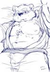 anthro belly blush clothing eyewear glasses humanoid_hands lying male moobs navel nipples overweight overweight_anthro overweight_male robe solo haruki lifewonders tokyo_afterschool_summoners leib_(tas) bear mammal polar_bear ursine 2019