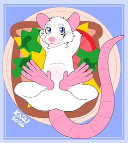 ambiguous_gender anthro blue_border border feet food foot_fetish fur hair looking_at_viewer mouth_closed pink_nose sandwich_(food) solo white_body white_fur white_hair karurvn mammal murid murine rat rodent absurd_res hi_res