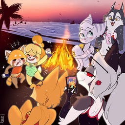 ambient_silhouette anthro beach bikini campfire cellphone clothed clothing countershading crossbar_emanata dancing drunk ear_piercing ear_ring electronics emanata eyebrow_piercing eyewear eyewear_on_head facial_piercing female fire fur grey_body grey_fur group happy laugh one-piece_swimsuit open_mouth open_smile phone piercing recording ring_piercing sea seaside silhouette sitting smartphone smile substance_intoxication sunglasses sunglasses_on_head sunset swimwear two-piece_swimsuit water sickbelle aggretsuko animal_crossing dreamworks hellaverse helluva_boss illumination_entertainment mythology nintendo ratchet_and_clank sanrio sing_(movie) sony_corporation sony_interactive_entertainment the_bad_guys diane_foxington isabelle_(animal_crossing) loona_(helluva_boss) porsha_crystal retsuko rivet_(ratchet_and_clank) ailurid ambient_bird ambient_flier avian bird canid canid_demon canine canis demon domestic_dog fox hellhound lombax mammal mythological_canine mythological_creature red_panda shih_tzu toy_dog wolf 1:1 2022 crossover hi_res