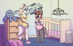 abdl ageplay anthro blue_hair bottomwear clothed clothing diaper duo female fur grey_body grey_fur hair infantilism inside multicolored_hair object_in_mouth orange_eyes pacifier pacifier_in_mouth pink_bottomwear pink_clothing pink_diaper pink_skirt red_eyes red_hair roleplay skirt standing two_tone_hair wearing_diaper white_body white_diaper white_fur white_hair yellow_bottomwear yellow_clothing yellow_diaper yellow_skirt riddlr canid canine mammal hi_res