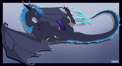 3_toes 4_claws animal_genitalia anus armlet bangle black_anus black_body black_border black_claws black_ears black_fur black_wings blue_body blue_fur blue_mane bodily_fluids border claws crossgender crystal dripping erection feet feral fur genital_fluids genital_slit genitals glans gold_(metal) gold_jewelry gradient_background grin head_tuft holding_penis horn horn_jewelry horn_ring jewelry knot looking_at_viewer lying male mane masturbation membrane_(anatomy) membranous_wings naughty_face on_back outside_border penile penile_masturbation penis precum precum_drip presenting presenting_penis pupils purple_penis ring_(jewelry) sharp_teeth side_view simple_background slit_pupils smile solo spread_legs spread_wings spreading tail tapering_penis teeth toe_claws toes tuft white_background wings cannibalistic_tendencies european_mythology mythology raolinn dragon furred_dragon furred_scalie mythological_creature mythological_scalie scalie western_dragon 2020 absurd_res digital_media_(artwork) hi_res signature smaller_version_at_source