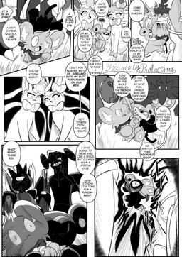 7_panel_comic ambiguous_gender anthro biped black_body black_fur black_nose black_text blood bodily_fluids bow_ribbon claws dialogue ellipsis exclamation_point eyebrows eyelashes eyes_closed female feral fur genital_fluids glare group hair holding_another male motion_lines mouth_closed nosebleed open_mouth paws quadruped question_mark sharp_teeth sound_effects speech_bubble standing tail talking_to_another teeth text tongue urine white_sclera heavenlyproductions nintendo pokemon eeveelution garchomp generation_2_pokemon generation_4_pokemon generation_6_pokemon pokemon_(species) pumpkaboo scizor shinx sylveon teddiursa 2025 absurd_res comic english_text hi_res monochrome signature