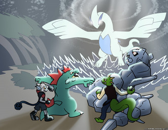 battle black_markings boots clothing cybernetic_limb cybernetic_tail duo footwear horn male male/male markings pokemon_battle shoes nx-42 nintendo pokemon zalno feraligatr generation_2_pokemon legendary_pokemon lizard lugia pokemon_(species) reptile scalie steelix