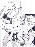 2016 anthro bottomwear canid canine carrying_another clivef clothed clothing comic disney duo english_text fox fully_clothed fur judy_hopps lagomorph leporid mammal monochrome necktie nick_wilde pants rabbit red_fox shirt text topwear true_fox zootopia
