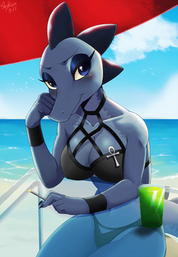 ankh anthro beach beverage bikini blue_eyes blush breasts cigarette cleavage clothed clothing cloud detailed_background eyeshadow female half-closed_eyes looking_at_viewer makeup narrowed_eyes non-mammal_breasts outside seaside solo swimwear two-piece_swimsuit water skykain night_in_the_woods bea_santello crocodile crocodilian reptile scalie 2017 hi_res