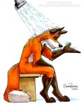 anthro bathing black_nose digitigrade dipstick_tail eyes_closed gloves_(marking) leg_markings male markings showerhead showering socks_(marking) solo tail tail_markings brian_reynolds canid canine fox mammal 2022 hi_res